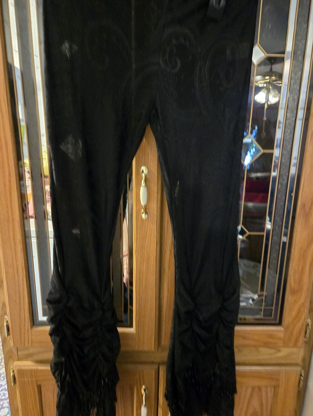 Black Ruched Fringe Leggings Beaded @